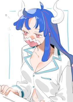 1girl ahoge alternate_costume blue_hair breasts cleavage collarbone commentary horns long_hair long_sleeves lowres mask medium_breasts midriff_peek mouth_mask navel one_piece pajamas pink_eyes raine_(acke2445) shirt sleepwear sleepy solo symbol-only_commentary ulti_(one_piece) upper_body white_pajamas white_shirt