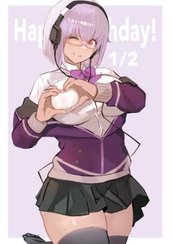 1girl alternate_legwear black_skirt black_thighhighs breasts commentary english_commentary glasses gridman_universe happy_birthday headphones heart heart_hands highres jacket large_breasts miniskirt open_mouth pink_hair purple_eyes purple_jacket shee-p_(inemurisheep113) shinjou_akane shirt short_hair signature skirt smile ssss.gridman thighhighs white_shirt zettai_ryouiki