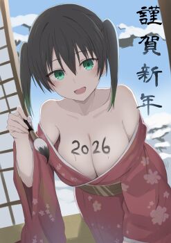 1girl 2026 absurdres alternate_breast_size_(larger) bare_shoulders black_hair blush breasts calligraphy_brush collarbone commentary_request floral_print floral_print_kimono gradient_hair green_eyes green_hair green_sash highres holding holding_calligraphy_brush holding_paintbrush japanese_clothes kimono large_breasts looking_at_viewer love_live! love_live!_nijigasaki_high_school_idol_club midocchi multicolored_hair obi off_shoulder open_mouth paintbrush print_kimono red_kimono revision sash shouji sliding_doors smile solo takasaki_yu translation_request twintails wide_sleeves