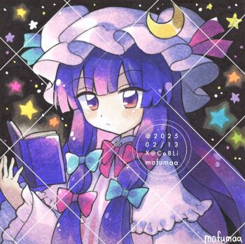 Rule 34 | 1girl, artist name, blue bow, book, bow, bowtie, capelet, closed mouth, commentary, crescent, crescent hat ornament, dress, frilled sleeves, frills, hair bow, hat, hat ornament, long hair, long sleeves, maa (forsythia1729), mob cap, multiple hair bows, open book, patchouli knowledge, pink bow, pink bowtie, pink capelet, pink dress, pink hat, purple eyes, purple hair, solo, star (symbol), striped clothes, striped dress, touhou, traditional media, vertical-striped clothes, vertical-striped dress, watermark, watermark grid, wide sleeves