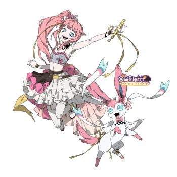 1girl :d animal_hands blue_eyes bow corset crop_top frilled_skirt frills full_body gen_6_pokemon grey_corset hair_bow highres looking_at_another navel nintendo open_mouth pink_bow pink_fur pink_hair pokemon pokemon_(creature) ribbon shirt shoes side_ponytail simple_background skirt smile standing sylveon thighhighs two-tone_fur white_background white_fur white_shirt white_shoes white_skirt white_thighhighs wrist_cuffs wulie_errr yellow_ribbon