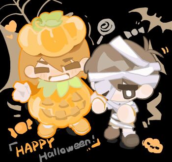 2boys :d ^_^ ankle_socks antenna_hair bandage_over_one_eye bandaged_head bandages bat_(animal) black_background black_eyes black_hair black_shoes brown_hair candy chibi chibi_only chinese_commentary closed_eyes commentary_request facing_viewer food food-themed_hat from_above full_body gloves grin hair_behind_ear hair_between_eyes halloween_costume happy_halloween hat holding_hands kel_(faraway)_(omori) kel_(omori) lollipop looking_at_viewer male_focus multiple_boys mummy_costume official_alternate_costume omori open_mouth orange_hat orange_shoes pumpkin_costume shoes short_hair simple_background smile socks standing sunny_(omori) very_short_hair white_gloves white_socks wrapped_candy yizhibaifu