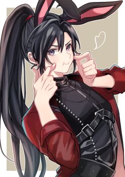1boy :t ahoge alternate_costume androgynous animal_ears aslle belt black_belt black_collar black_hair black_shirt chain chain_necklace cheek_poking chest_belt closed_mouth collar commentary_request contemporary fake_animal_ears fingers_to_cheeks grey_eyes hands_up heart jacket jewelry long_hair long_sleeves looking_at_viewer male_focus modao_zushi necklace open_clothes open_jacket pinching poking ponytail pout purple_eyes rabbit_ears red_jacket shirt sidelocks simple_background smile solo upper_body very_long_hair wei_wuxian