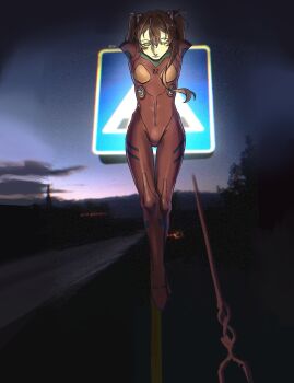 1girl artist_request bodysuit breasts brown_hair closed_eyes crucifixion evening expressionless full_body highres interface_headset_(evangelion) lance lance_of_longinus_(evangelion) long_hair mecha_pilot_suit neon_genesis_evangelion neon_lights outdoors plugsuit_(evangelion) polearm real_life red_bodysuit road road_sign sign simple_background solo souryuu_asuka_langley standing weapon what wide_hips