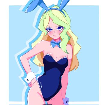 1girl :/ animal_ear_hairband animal_ears blizzard_(b1iz4rd) blonde_hair blue_bow blue_bowtie blue_eyes blue_leotard border bow bowtie breasts closed_mouth commentary cowboy_shot detached_collar diana_cavendish english_commentary fake_animal_ears hairband hand_on_own_hip highres leotard little_witch_academia long_hair looking_at_viewer medium_breasts playboy_bunny rabbit_ear_hairband rabbit_ears rabbit_tail solo tail v-shaped_eyebrows very_long_hair white_border wrist_cuffs