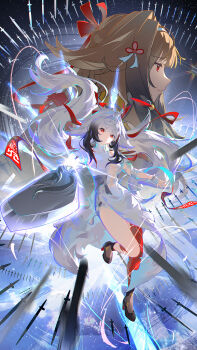 1girl absurdres animal_ear_fluff animal_ears armlet black_hair black_shoes bracelet breasts brown_hair china_dress chinese_clothes closed_mouth clover clover_hair_ornament commentary_request dress droopy_ears dual_persona hair_ornament hairband highres holding holding_sword holding_weapon jewelry leg_tattoo long_hair looking_at_viewer medium_breasts metal_bracelet parted_lips qingming_sword red_eyes see-through_clothes see-through_horns shoes silver_armlet silver_bracelet standing_on_sword sword tail tattoo weapon white_dress white_hair white_hairband ye_shunguang yu_e_baba zenless_zone_zero