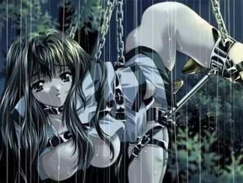 1girl akira_(artist) arms_behind_back bdsm black_hair bondage bottomless bound bound_arms bound_legs breasts breasts_out brown_eyes chain chained chained_legs cherry_soft collar female_focus forest frogtie game_cg harness long_hair looking_at_viewer nature night nipples no_panties open_clothes outdoors parted_lips promise_(game) rain saliva shoes slave spreader_bar strap suspension tears