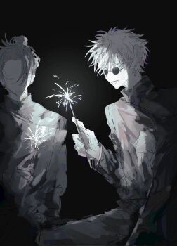 2boys :d black_background black_hair black_suit blue_eyes closed_mouth commentary_request firecrackers fireworks formal_clothes glowing glowing_eyes highres holding holding_fireworks jujutsu_kaisen looking_at_viewer multiple_boys open_mouth round_eyewear school_uniform sitting smile sparkle sparkler suit sutoroboraito tinted_eyewear white_hair