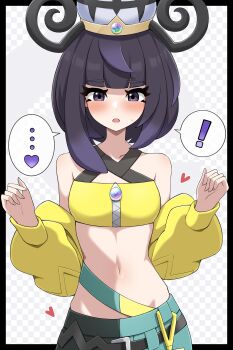! ... 1girl absurdres bandeau bare_shoulders belt black_belt black_hair black_pants blue_pants blush bob_cut breasts canari_(pokemon) canari_(pokemon)_(cosplay) cosplay criss-cross_straps gradient_hair gwynn_(pokemon) hat heart highres jacket long_sleeves looking_at_viewer mega_stone multicolored_hair navel nintendo off-shoulder_jacket off_shoulder open_clothes open_mouth pants pokemon pokemon_legends:_z-a purple_eyes purple_hair shabana_may short_hair small_breasts solo speech_bubble sports_bra stomach two-tone_pants upper_body yellow_bandeau yellow_jacket yellow_sports_bra