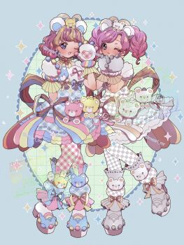 Rule 34 | 2girls, absurdres, aikatsu!, aikatsu! (series), amahane madoka, amauri miruki, amauri miruki (cosplay), amauri miruki (primagista), animal ears, animal hands, bear ears, bear hair ornament, bear paws, blonde hair, blue background, blue dress, blue eyes, blue ribbon, blue shoes, colored eyelashes, cosplay, crossover, dress, fairy kei, fake animal ears, full body, gloves, grey shoes, hair ornament, hands up, highres, idol clothes, long hair, looking at viewer, mea (meari mr), multicolored hair, multiple girls, one eye closed, open mouth, paw gloves, pink hair, pretty series, ribbon, shoes, short hair, smile, sparkle, standing, streaked hair, stuffed animal, stuffed toy, teddy bear, twintails, waccha primagi!, yellow ribbon, yume kawaii
