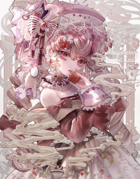1girl bow cup dress drill_hair food fruit hair_bow hair_ornament hat hat_bow highres holding holding_food holding_fruit komorihikki long_hair long_sleeves original solo steam strawberry teacup twin_drills upper_body