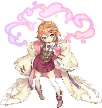 1girl antenna_hair artist_request blue_eyes breasts buttons flat_chest four-pointed_star full_body game_cg hair_ornament hairpin highres hohenheim_(legend_clover) hohenheim_(young)_(legend_clover) holding_potion legend_clover official_alternate_costume official_art open_mouth potion skirt solo third-party_source transparent_background