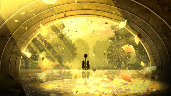 Rule 34 | 2girls, bus stop, commentary request, day, endlesscat, falling leaves, ginkgo leaf, highres, holding hands, leaf, light rays, monochrome, multiple girls, original, outdoors, reflection, reflective liquid, scenery, short hair, silhouette, standing, sunbeam, sunlight, symmetry, tree, water, wide shot, yellow theme