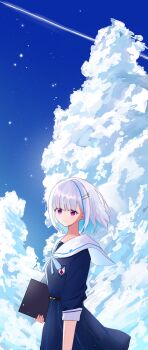 Rule 34 | 1girl, absurdres, arm at side, blue dress, blue sky, closed mouth, cloud, colored inner hair, commentary request, cowboy shot, cumulonimbus cloud, dress, from side, grey hair, highres, holding, koohii mikan, lize helesta, looking at viewer, looking to the side, multicolored hair, night, nijisanji, outdoors, purple eyes, ribbon, sailor collar, sailor dress, school uniform, shooting star, sky, smile, solo, standing, star (sky), streaked hair, turning head, virtual youtuber, white ribbon, white sailor collar