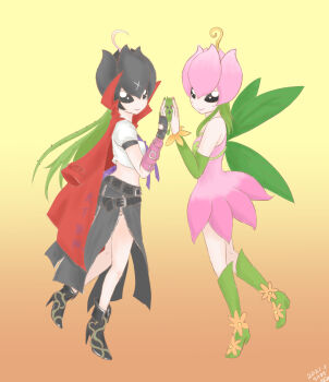 Rule 34 | 2girls, bancholilimon, banchou, belt, boots, delinquent, digimon, fairy, flower, high heel boots, high heels, highres, lilimon, multiple girls, nail polish, plant, scar