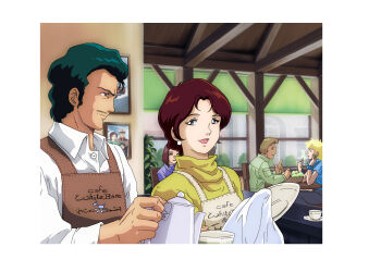 3boys 3girls alternate_universe apron astonaige_medoz black_pants blonde_hair blue_shirt blue_sweater border bowl bright_noa brown_apron brown_hair cafe chair cleaning_rag closed_eyes closed_mouth clothes_writing collared_shirt commentary cup dokite_tsukasa earrings facial_hair family_portrait fork game_cg green_eyes green_hair green_jacket gundam gundam_gihren_no_yabou hand_on_own_chest hathaway_noa head_rest highres holding holding_cup holding_fork holding_plate holding_teapot husband_and_wife indoors jacket jewelry kayra_su lipstick looking_at_another makeup mirai_yashima multiple_boys multiple_girls mustache official_art open_mouth pants pencil_mustache photo_(object) pink_lips plate round_table salad saucer shirt short_hair sitting smile standing sweater table teacup teapot turtleneck turtleneck_sweater white_apron white_border white_shirt window wooden_bowl wooden_chair wooden_table yellow_sweater