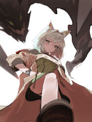 Rule 34 | 1girl, animal ear fluff, animal ears, arknights, black panties, blush, boots, breasts, brown footwear, closed mouth, dress, from below, frown, green dress, green eyes, grey hair, hair intakes, hand on own hip, highres, kal&#039;tsit (arknights), lab coat, looking at viewer, looking down, mon3tr (arknights), panties, raneblu, short dress, short hair, small breasts, solo, stepped on, twitter username, underwear, v-shaped eyebrows, watch, white background, wristwatch
