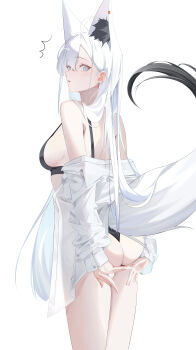 1girl absurdres animal_ear_piercing animal_ears aqua_eyes ass black_bra black_panties bra breasts commentary_request fox_ears fox_girl fox_tail from_behind highres hololive long_hair looking_at_viewer looking_back medium_breasts panties shirakami_fubuki shirt shirt_partially_removed sideboob sidelocks simple_background solo tail tanishi_(hetianming11093) underwear very_long_hair virtual_youtuber white_background white_hair white_shirt