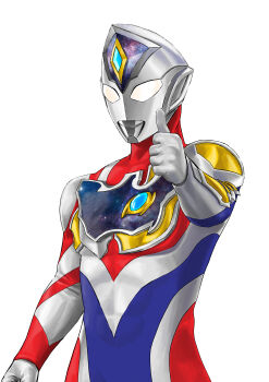 Rule 34 | 1boy, absurdres, alien, armor, asymmetrical armor, blue skin, breastplate, clenched hand, color timer, colored skin, commentary, compound eyes, cowboy shot, crystal, dorsal fin, english commentary, forehead jewel, giant, giant male, glowing, glowing eyes, hand up, highres, looking at viewer, male focus, multicolored skin, neo phantom, no pupils, outstretched arm, pectorals, red skin, shoulder armor, silver skin, simple background, solo, thumbs up, tokusatsu, toned, toned male, ultra series, ultraman decker, ultraman decker (flash type), ultraman decker (series), white background, white eyes, wrinkled skin