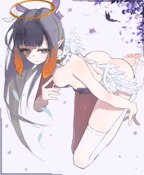 Rule 34 | 1girl, absurdres, animal ears, ass, barefoot, breasts, brown halo, bug, butterfly, chocosong, choker, cleavage, feet, halo, highres, hololive, hololive english, insect, long hair, looking at viewer, ninomae ina'nis, pointy ears, purple butterfly, simple background, small breasts, takodachi (ninomae ina'nis), tentacle hair, thighhighs, virtual youtuber, white background, white thighhighs, wings