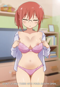 1girl alternate_breast_size_(larger) blush bra breasts glasses highres kobayashi-san_chi_no_maidragon kobayashi_(maidragon) navel nipples panties pink_bra ponytail red_hair solo underwear