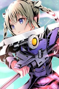 1girl assault_lily black_jacket blue_eyes blurry blurry_background braid brown_hair buttons cloud commentary_request day green_sky hair_ribbon hands_up harutsuyu_pics3 highres holding holding_weapon jacket kishimoto_lucia_raimu light_particles long_hair long_sleeves looking_ahead ludvico_private_girls'_academy_school_uniform outdoors parted_lips pink_skirt plaid_clothes plaid_skirt ribbon school_uniform skirt sky solo twin_braids twintails twitter_username upper_body v-shaped_eyebrows weapon white_ribbon