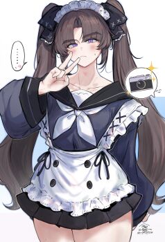 ... 1boy absurdres ayase_ayato_(imamiya_pinoko) black_skirt blush brown_hair camera closed_mouth collarbone commentary_request crossdressing crossdressing_(mtf) highres imamiya_pinoko long_hair long_sleeves looking_at_viewer male_focus original parted_bangs pleated_skirt purple_eyes simple_background skirt solo sparkle spoken_ellipsis sweatdrop thick_eyebrows trap twintails twitter_username v white_background