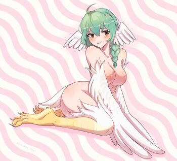 1girl absurdres ahoge birb_(niniidawns) bird_legs bird_tail blush borrowed_character braid breasts brown_eyes chicken_girl commentary english_commentary feathered_wings feathers green_hair hair_between_eyes harpy head_wings highres long_hair looking_at_viewer medium_breasts monster_girl nipples original pink_background solo tail talons twin_braids two-tone_background unreal_fish white_background white_feathers white_wings wide_hips wing_ears winged_arms wings