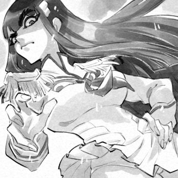 1girl blunt_bangs breasts dress epaulettes frown hand_on_own_hip inktober junketsu kill_la_kill kiryuuin_satsuki large_breasts long_hair looking_at_viewer looking_down monochrome panties pleated_dress rafchu simple_background skirt underwear very_long_hair white_background