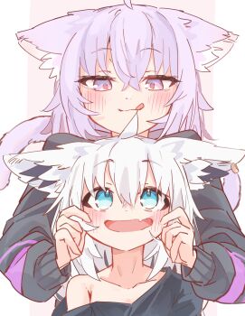 2girls absurdres ahoge animal_ear_fluff animal_ear_piercing animal_ears black_hoodie black_shirt blue_eyes cat_ears cat_girl cat_tail cheek_pinching fang fox_ears fox_girl hair_between_eyes highres hololive hood hoodie light_blush looking_up medium_hair multiple_girls nekomata_okayu nekomata_okayu_(1st_costume) off_shoulder open_mouth pinching purple_eyes purple_hair shirakami_fubuki shirt skin_fang smile tail tensann3 tongue tongue_out virtual_youtuber white_hair