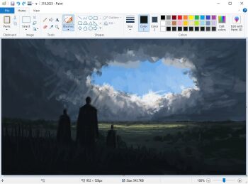 3others art_program_in_frame blue_sky christian_young cloud cloudy_sky commentary dark_cloud from_behind grass landscape microsoft_paint_(medium) microsoft_paint_(software) multiple_others original outdoors painterly plain scenery screencap sky spotlight walking