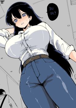 1girl arato_nagi belt black_hair blue_eyes blue_pants blush breasts bright_pupils collared_shirt cowboy_shot denim earrings english_text from_below hair_between_eyes highres huge_breasts jeans jewelry large_breasts long_hair looking_at_viewer norman_maggot pants ruri_no_houseki shirt shirt_tucked_in sleeves_rolled_up solo_focus speech_bubble stud_earrings sweat taut_clothes taut_pants white_shirt