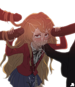 1boy 1girl :&gt;= absurdres aisaka_taiga artist_request ascii_media_works backlighting bad_id bad_tumblr_id blazer blush brown_eyes brown_hair bukkake cum cum_on_body cum_on_clothes cum_on_hair cum_on_lower_body cum_on_upper_body cum_string dark-skinned_male dark_skin disembodied_penis double_handjob facial fellatio flat_chest foreskin group_sex hairjob handjob hetero highres huge_penis interracial jacket large_penis loli long_hair looking_at_viewer oral penis petite ponpu_(pumpkinsinclair) saliva school_uniform simple_background skirt sweat toradora! uncensored wet wet_clothes