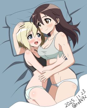 2girls ass black_bra blonde_hair blue_eyes blush bra breasts brown_eyes brown_hair cleavage closed_mouth collarbone commentary_request dated erica_hartmann gertrud_barkhorn grey_sports_bra hug large_breasts long_hair looking_at_another multiple_girls navel open_mouth panties ryohei-0617 short_hair signature smile sports_bra strike_witches underwear white_panties world_witches_series yuri