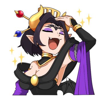 Rule 34 | bare shoulders, black hair, black wings, breasts, chibi, cleavage, closed eyes, dclaret, demon girl, demon horns, demon wings, detached sleeves, digimon, digimon (creature), eyeshadow, facial mark, forehead mark, horns, large breasts, lilithmon, makeup, purple eyeshadow, purple sleeves, simple background, solo, sparkle, transparent background, wings