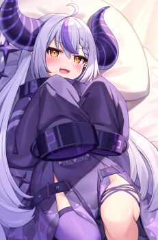 1girl :d ahoge bed_sheet blush braid braided_bangs collar deaver demon_horns dress fangs hair_between_eyes highres hololive horns la+_darknesss long_sleeves looking_at_viewer lying metal_collar multicolored_hair on_back on_bed open_mouth pillow pointy_ears purple_dress purple_hair purple_thighhighs silver_hair single_thighhigh sleeves_past_fingers sleeves_past_wrists smile solo streaked_hair thighhighs virtual_youtuber yellow_eyes