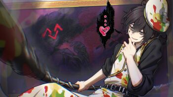 ... 1boy 1other ^_^ bags_under_eyes belt beret black_belt black_hair black_shirt blood blood_on_clothes censored censored_identity closed_eyes commentary_request crossed_bangs hair_between_eyes half-closed_eyes hand_on_own_chin hat heart holding holding_brush holding_polearm holding_weapon limbus_company male_focus paint_on_clothes polearm project_moon ring_(identity)_(project_moon) shirt short_hair speech_bubble spoken_ellipsis spoken_heart suguri_1150615 vest weapon white_hat white_vest yi_sang_(project_moon)