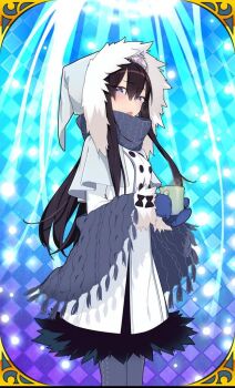 1girl black_hair blue_eyes blue_scarf clione_ice coat cup hair_between_eyes half-closed_eyes holding holding_cup hood hooded_coat long_hair looking_at_viewer pantyhose scarf uchako uchi_no_hime-sama_ga_ichiban_kawaii white_coat