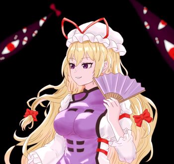 Rule 34 | 1girl, black background, bow, breasts, commentary, dress, gap (touhou), hair bow, hand fan, hat, hat ribbon, highres, holding, holding fan, kennsei66, long hair, long sleeves, mob cap, paper fan, purple eyes, purple tabard, red bow, red ribbon, ribbon, sleeve garter, solo, tabard, touhou, very long hair, white dress, white hat, yakumo yukari