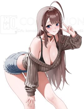 1girl ahoge artist_name bent_over black_bra black_choker blue_eyes bra breasts brown_hair brown_sweater character_request choker cleavage closed_mouth copyright_request cutoffs denim denim_shorts hand_on_own_knee highres huge_ahoge kono_(xerondan321) large_breasts long_hair off_shoulder ribbed_sweater short_shorts shorts simple_background smile solo sweater underwear v white_background