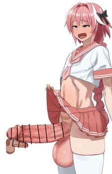 Rule 34 | 2boys, absurdres, astolfo (fate), censored, crossdressing, crossdressing (mtf), fate/grand order, fate (series), highres, huge penis, huge testicles, long hair, male focus, medium penis, multiple boys, open mouth, penis, penis comparison, penis size difference, pink hair, purple eyes, raised eyebrows, skirt, takechiyo, testicles, thighhighs, trap