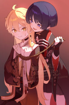 Rule 34 | 2boys, aether (genshin impact), ahoge, blonde hair, blue eyes, blue hair, closed mouth, commentary request, genshin impact, highres, jewelry, long sleeves, looking at another, male focus, mikan (akasa051), multiple boys, open mouth, ring, rope, scaramouche (genshin impact), shibari, shorts, smile, sweatdrop, yaoi, yellow eyes