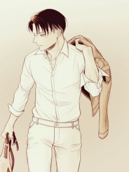 Rule 34 | 1boy, brown hair, brown jacket, closed mouth, collared shirt, highres, holding, holding unworn clothes, holding unworn jacket, ikichi8tkjn, jacket, jacket over shoulder, levi (shingeki no kyojin), looking to the side, male focus, open collar, shingeki no kyojin, shirt, shirt tucked in, short hair, simple background, sleeve cuffs, solo, standing, survey corps (emblem), unworn jacket, wing collar