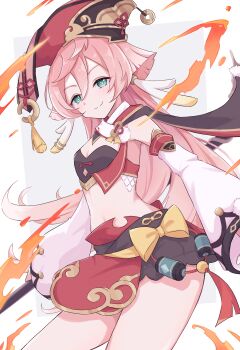 1girl absurdres bare_shoulders bow breasts cleavage commentary_request cowboy_shot crop_top detached_sleeves genshin_impact green_eyes hair_between_eyes highres long_hair long_sleeves looking_at_viewer midriff pink_hair piyo_to_game pom_pom_(clothes) red_headwear small_breasts smile solo stomach thighs very_long_hair yanfei_(genshin_impact) yellow_bow