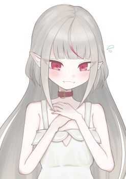 1girl absurdres bare_shoulders belt_collar blunt_bangs blush choker closed_mouth collar dress embarrassed fangs fangs_out flying_sweatdrops furrowed_brow grey_hair hair_down hands_on_own_chest highres komamugi13 long_hair looking_down makaino_ririmu makaino_ririmu_(3rd_costume) multicolored_hair nijisanji pointy_ears red_collar red_eyes red_streaks sidelocks simple_background sleeveless sleeveless_dress solo standing straight_hair streaked_hair sundress two-tone_hair upper_body virtual_youtuber white_background white_dress