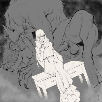 1boy 2girls absurdres animal_penis aroused barefoot biting_shoulder blush book breasts claws clothes_grab commission desk dress dress_grab fangs furry furry_male furry_with_non-furry greyscale highres holding holding_book horns imagining interspecies knotted_penis monochrome monster monster_boy multiple_girls on_desk open_book original penis pinned razielnsfw reading sex sitting vaginal werewolf