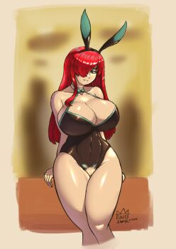 1girl animal_ears breasts cleavage collarbone cutout erza_scarlet fairy_tail fake_animal_ears hairband huge_breasts kingjnar long_hair playboy_bunny pussy rabbit_ears red_hair thick_thighs thighs wide_hips