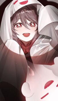 1girl boo_tao_(genshin_impact) brown_hair closed_eyes genshin_impact ghost_costume halloween halloween_costume highres hu_tao_(genshin_impact) long_sleeves red_eyes sleeves_past_fingers sleeves_past_wrists solo symbol-shaped_pupils tongue tongue_out yukiusagi_(snowrabbit0508)