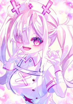 Rule 34 | 1girl, :d, absurdres, bandaged wrist, bandages, collared dress, commentary request, dress, eyes visible through hair, fangs, hair ornament, hair over one eye, hands up, hat, highres, kuronohanpen, long bangs, long hair, nijisanji, nurse cap, open mouth, parted bangs, pink hair, pink trim, short sleeves, sidelocks, smile, solo, sukoya kana, sukoya kana (1st costume), teeth, twintails, upper body, virtual youtuber, white dress, white hair, white hat, white wrist cuffs, wrist cuffs, x hair ornament