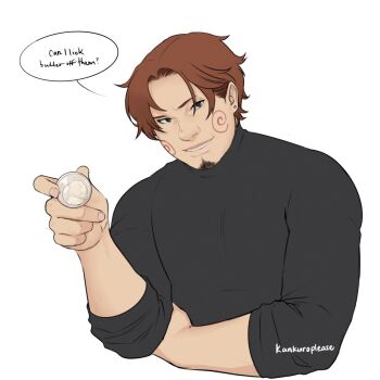 Rule 34 | 1boy, akimichi chouji, alternate body size, black eyes, brown hair, commentary, cropped torso, earrings, english commentary, english text, facial hair, goatee, highres, holding, jewelry, kankuroplease, male focus, muscular, muscular male, naruto: the last, naruto (series), signature, sleeves rolled up, smile, solo, stud earrings, upper body